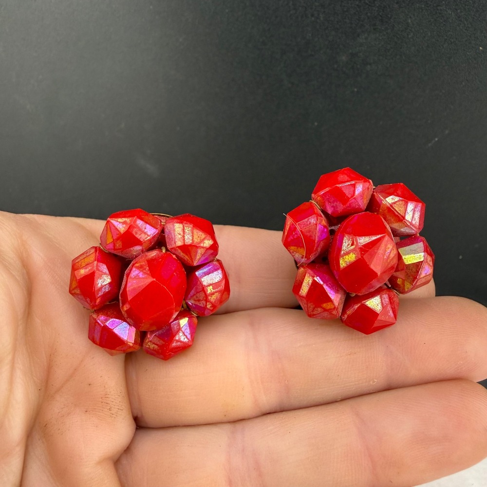 Vintage Western Germany Clip On Earrings Red Aurora Borealis Cluster READ